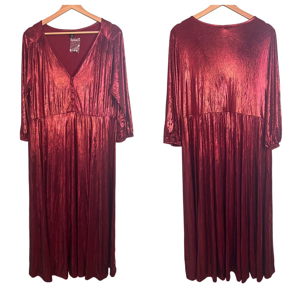 Torrid Womens L (0) Metallic Red Liquid Knit Pleated Tea Length Party Midi Dress